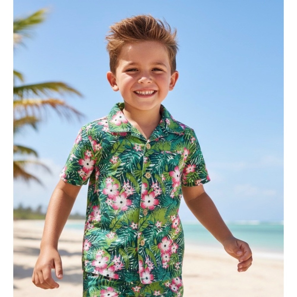 Little Lad Tropical Floral Shirt and Shorts Set Kids 3T Green Pink Excellent